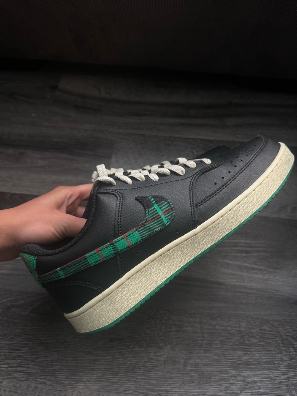 Nike Black Sneakers with Green Plaid Swoosh